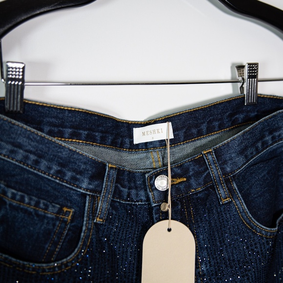 NEW Meshki Laina Mid Rise Diamante Jewel Crystal Denim Jeans Midnight Blue 8 - Picture 2 of 4